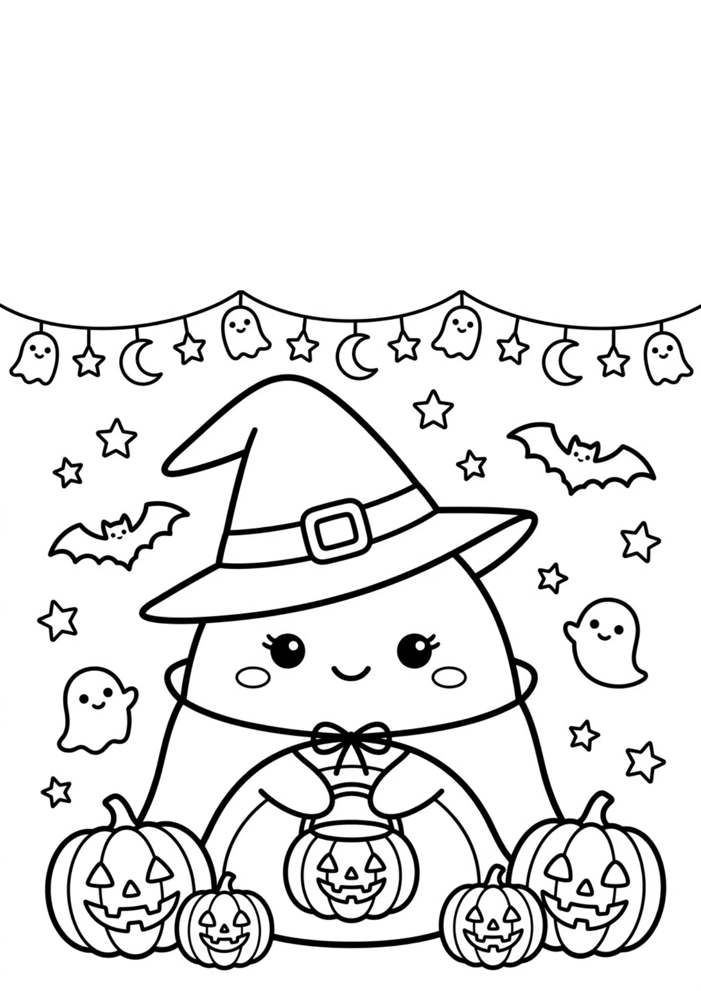 halloween squishmallow coloring sheet with pumpkin details, cute costume design, and printable black outline activity page
