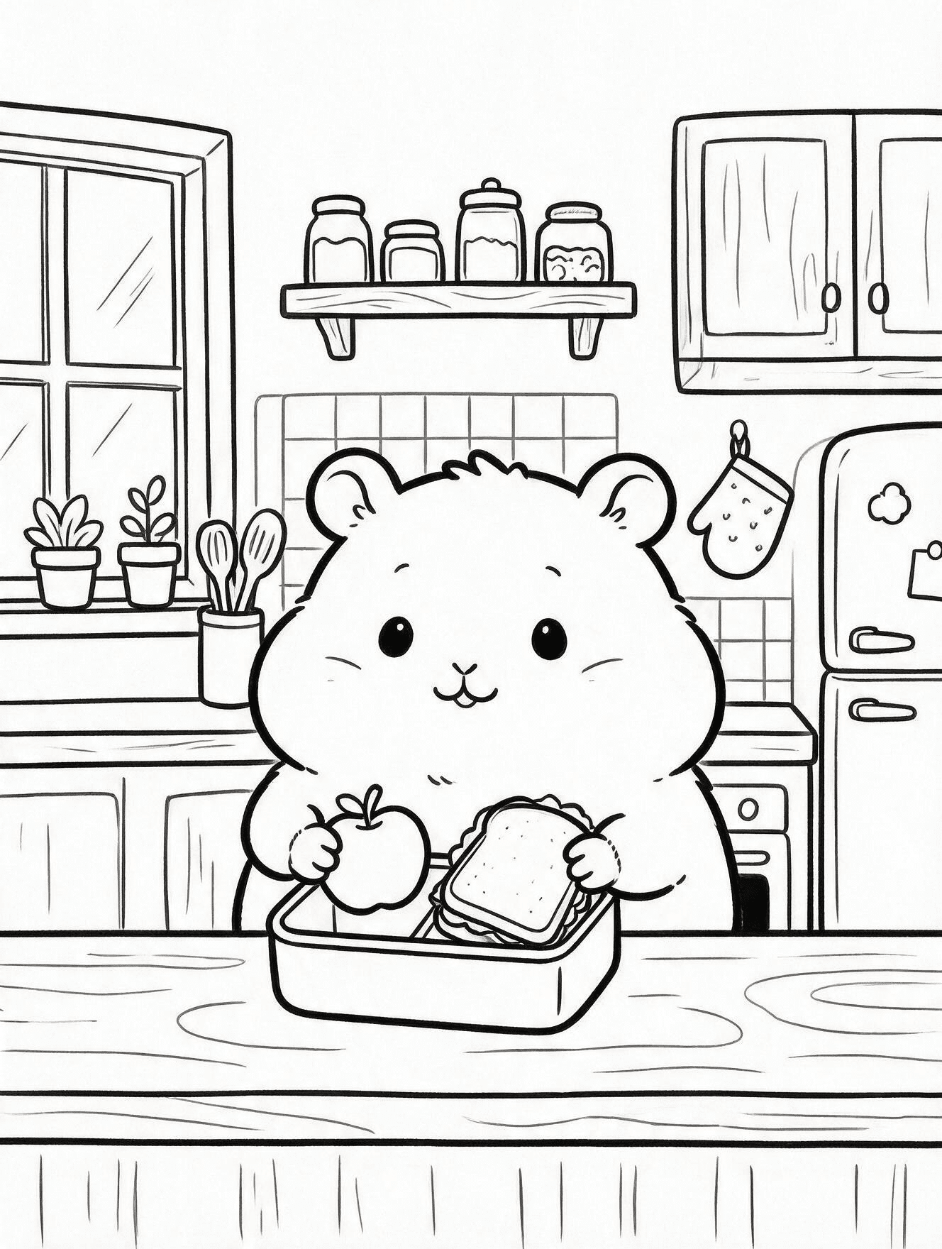 Hamster packing a school lunch box with fruit, sandwich, bottle, and napkin at a kitchen counter.