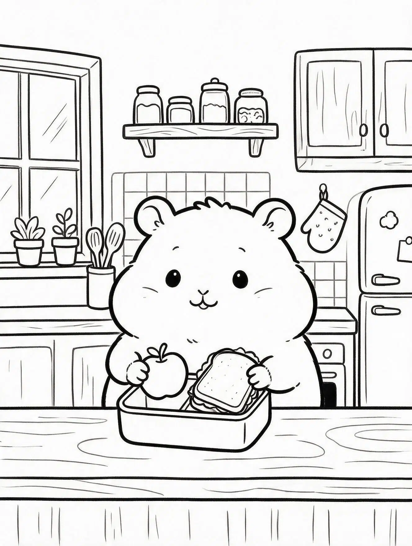 Hamster packing a school lunch box with fruit, sandwich, bottle, and napkin at a kitchen counter.