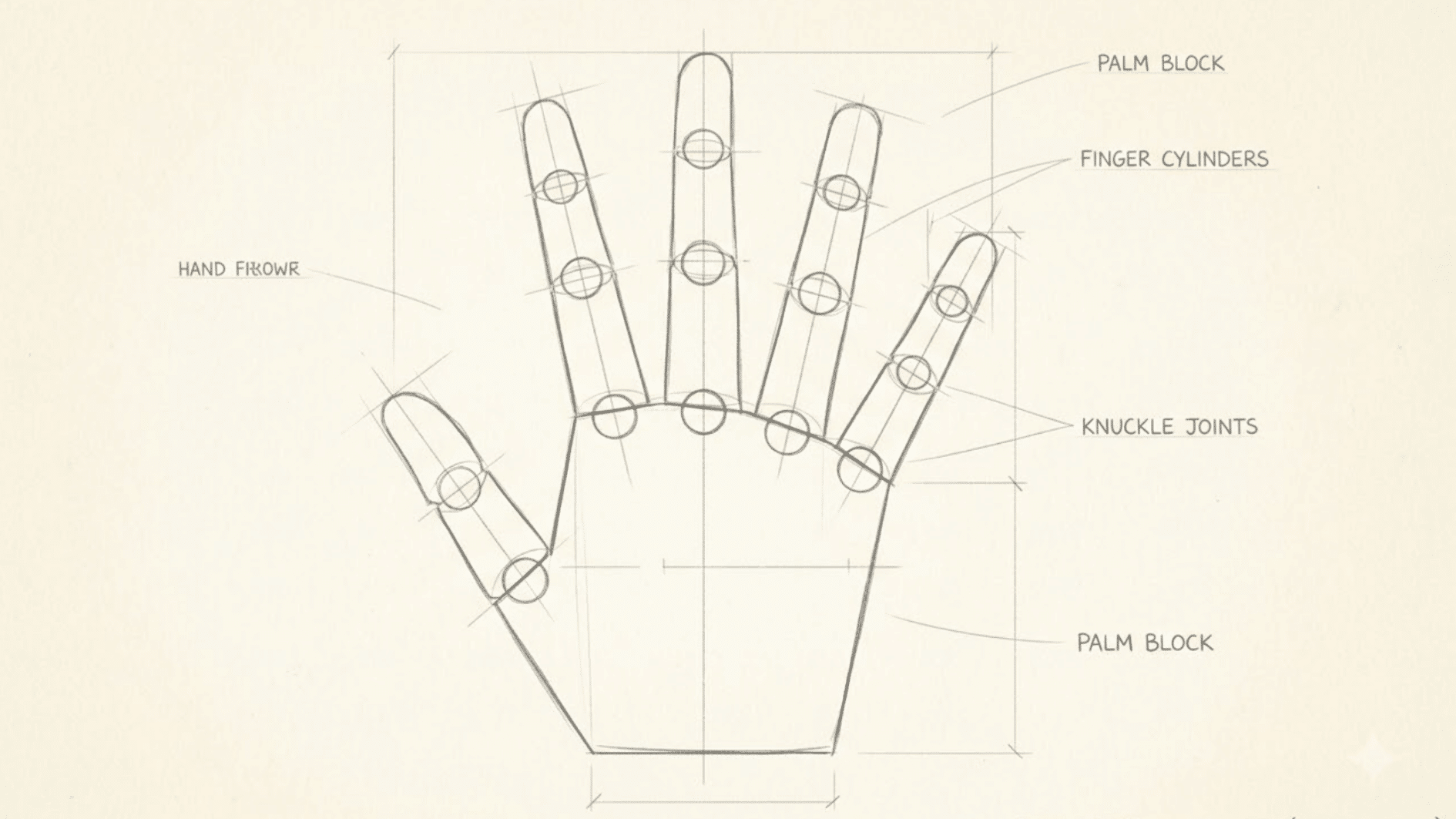 hand anatomy construction drawing showing the palm block, finger cylinders, knuckle joints, and basic hand proportions