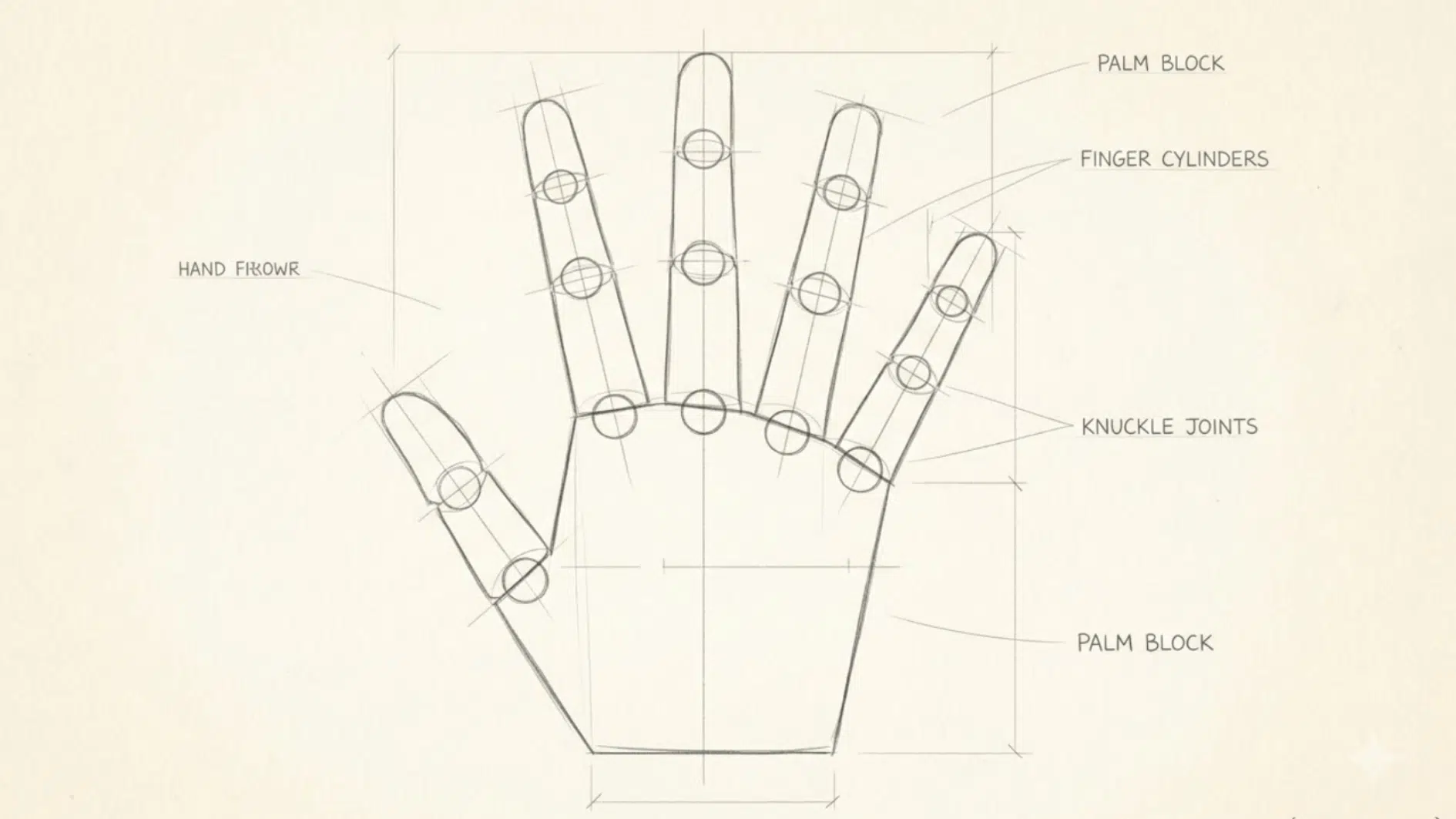 hand anatomy construction drawing showing the palm block, finger cylinders, knuckle joints, and basic hand proportions