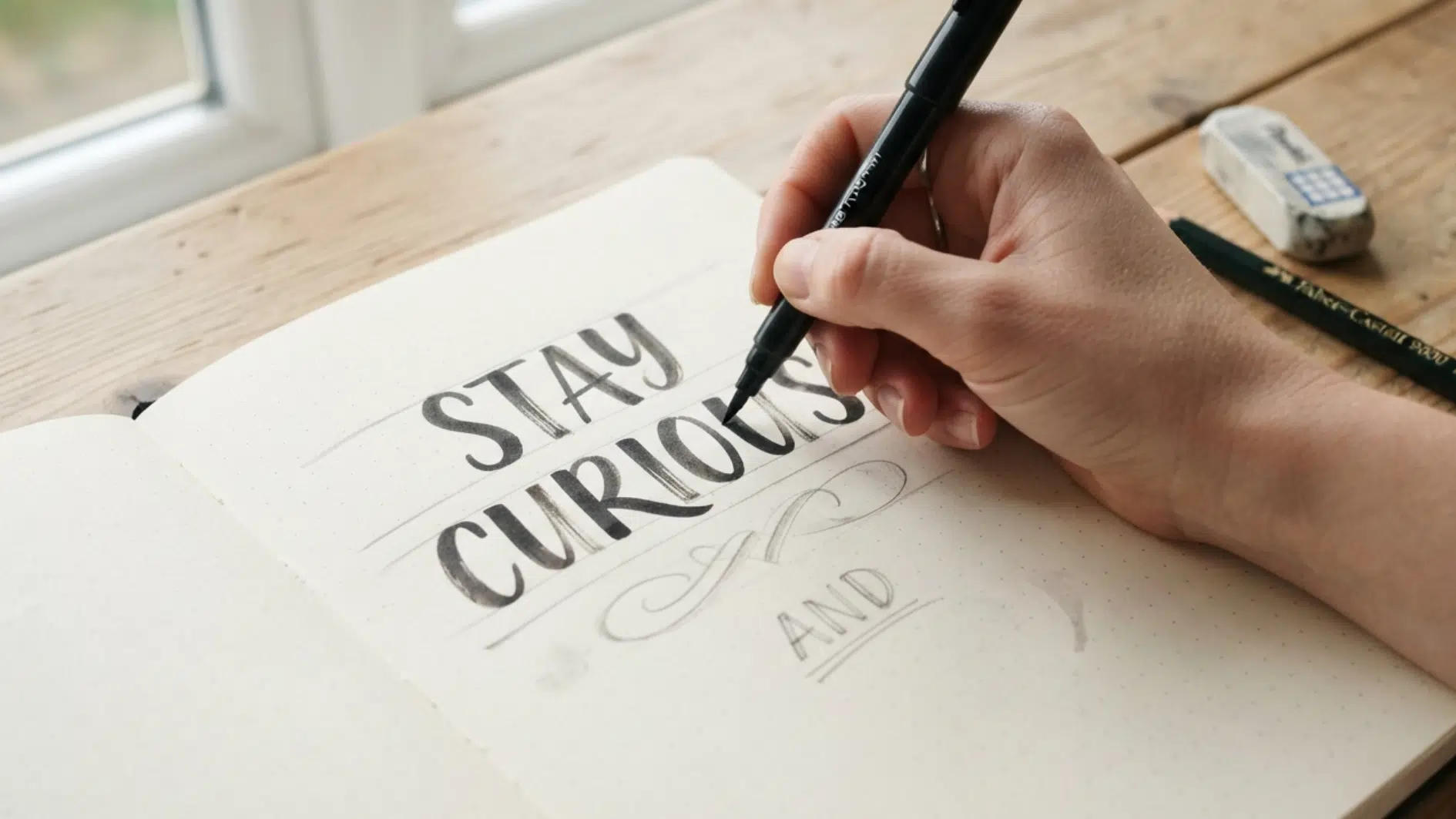 hand lettering a stay curious quote in a journal