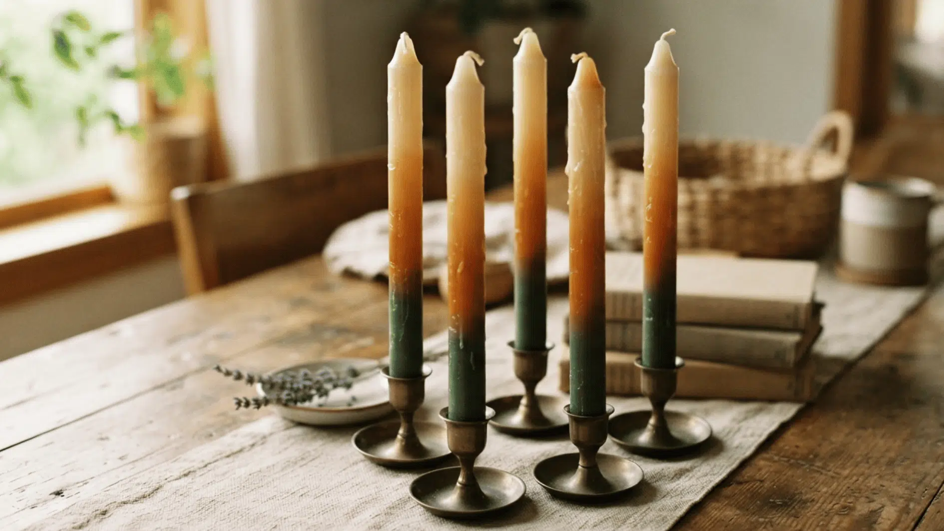 handmade ombre taper candles in green orange and cream displayed in brass holders