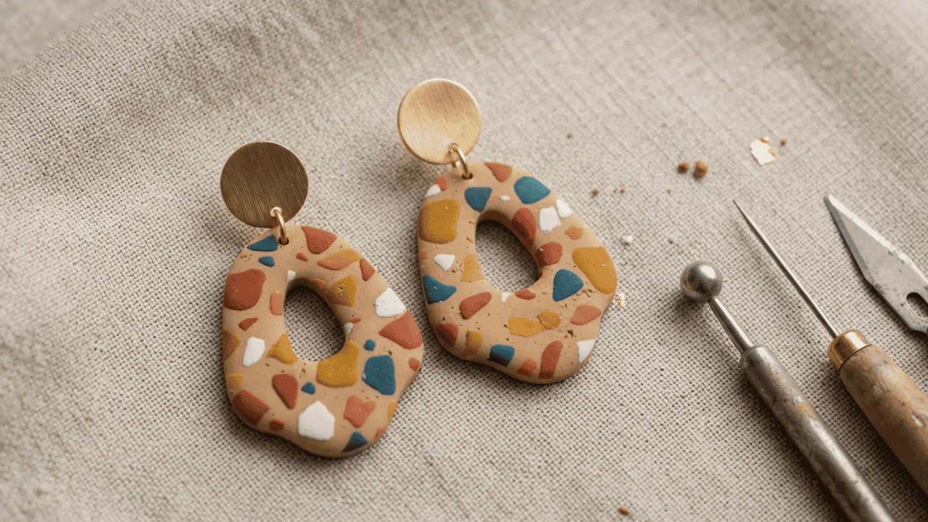 handmade terrazzo-style polymer clay earrings beside small jewelry-making tools