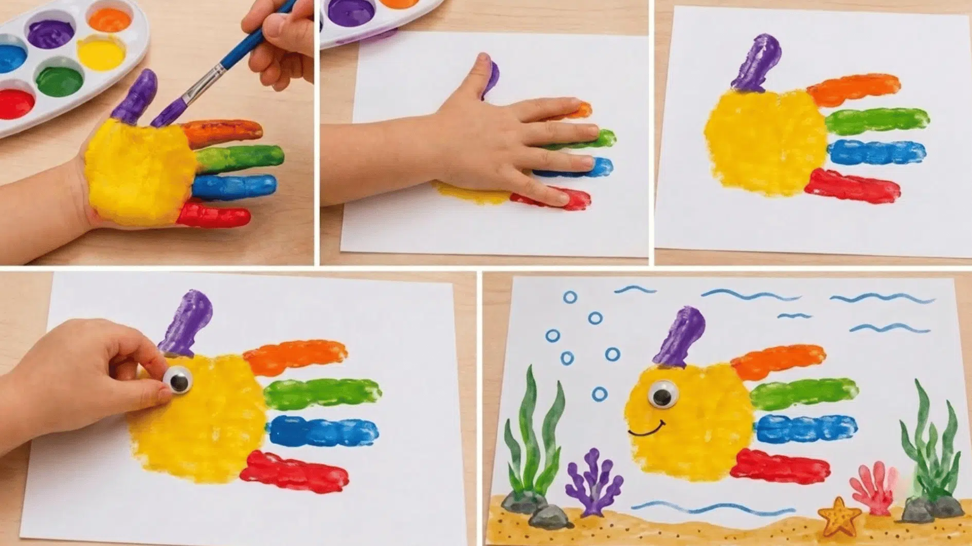 five panel tutorial showing a child painting their palm and fingers in bright colors, pressing the painted hand onto paper, and turning the handprint into a fish with a googly eye and underwater decorations