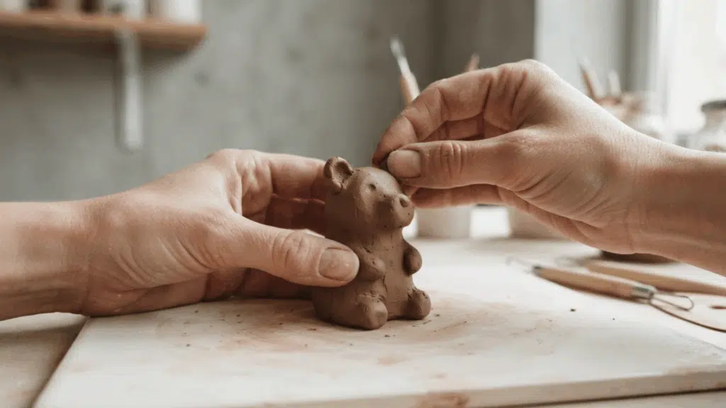hands shaping a small clay animal sculpture on a craft board with tools in the background