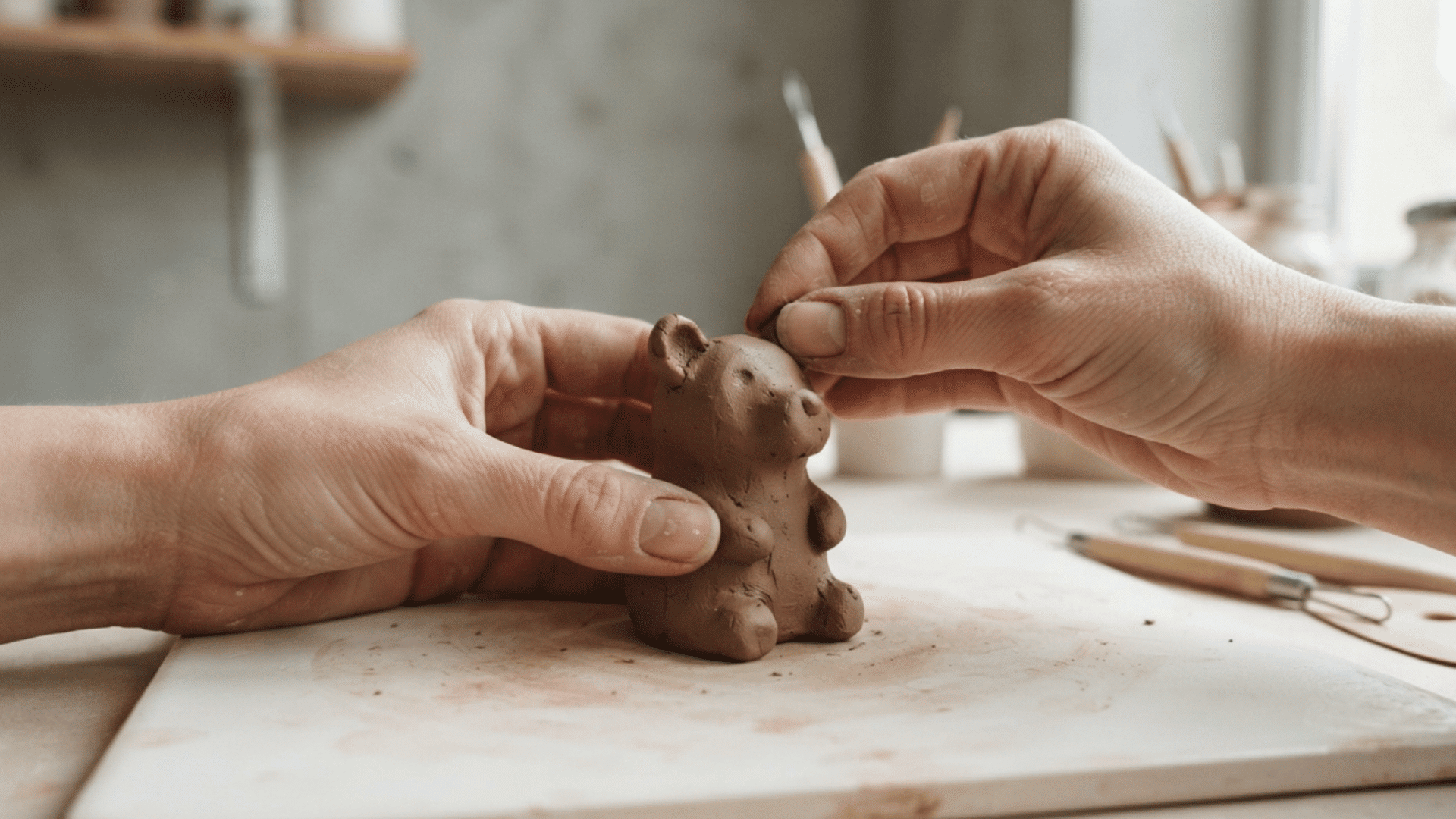 hands shaping a small clay animal sculpture on a craft board with tools in the background