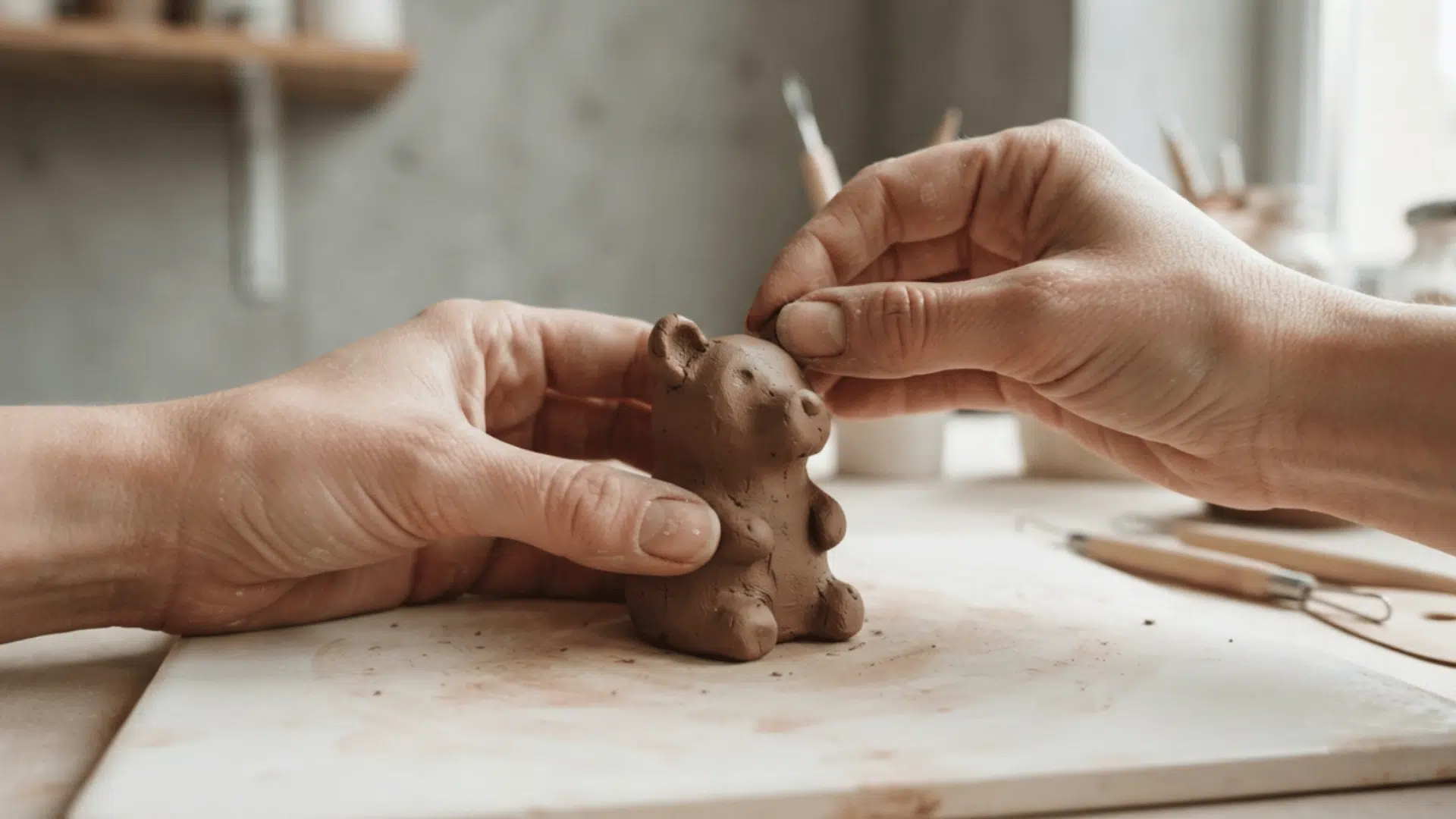 hands shaping a small clay animal sculpture on a craft board with tools in the background