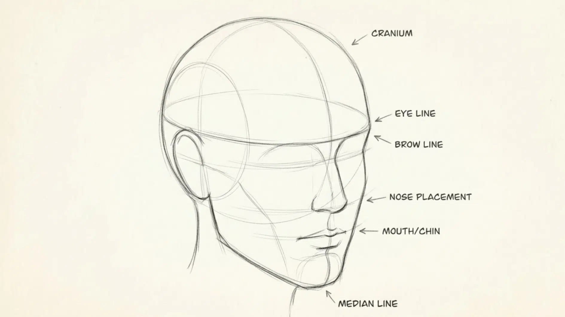 head anatomy drawing showing the cranium, eye line, brow line, nose placement, mouth and chin, and median line for accurate facial proportions