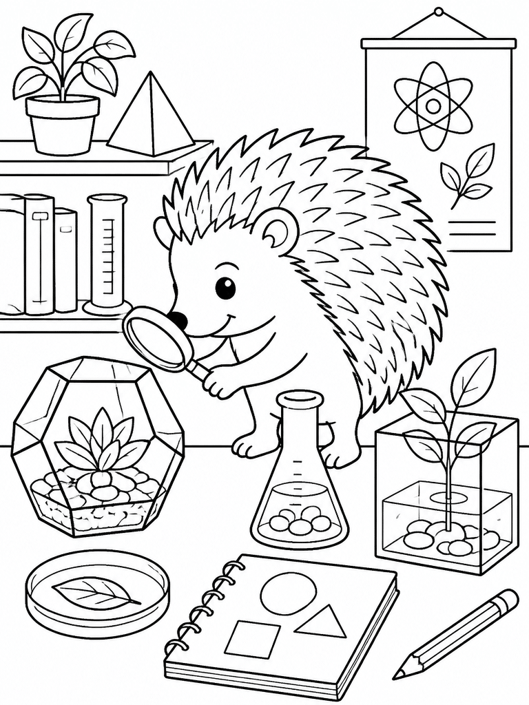 Hedgehog at a science table with jars, magnifying glass, leaves, stones, and classroom shelves.