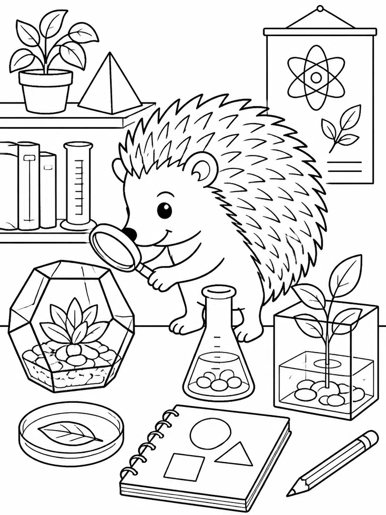 Hedgehog at a science table with jars, magnifying glass, leaves, stones, and classroom shelves.
