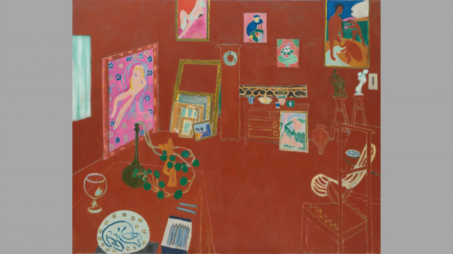 henri matisse's the red studio showing artworks and furniture arranged across a room filled with deep red