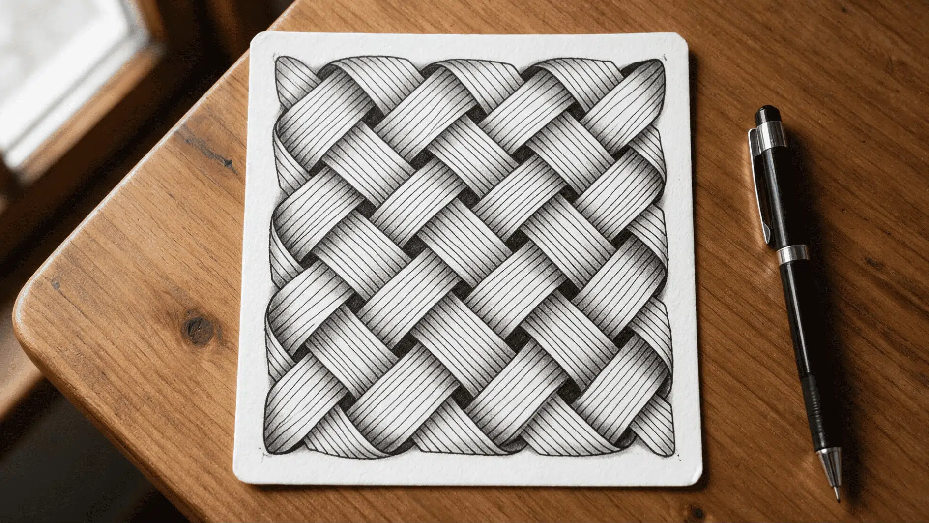 hollibaugh zentangle pattern with overlapping diagonal ribbon bands and soft edge shading on white paper