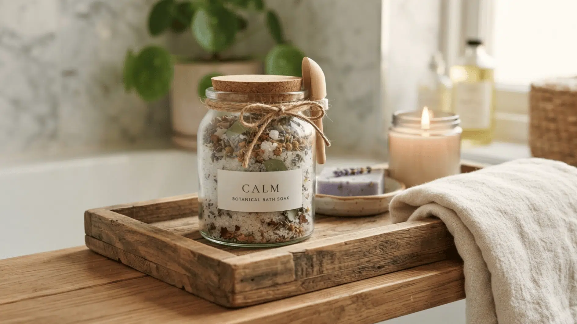 homemade botanical bath salts in a glass jar beside a candle and folded towel