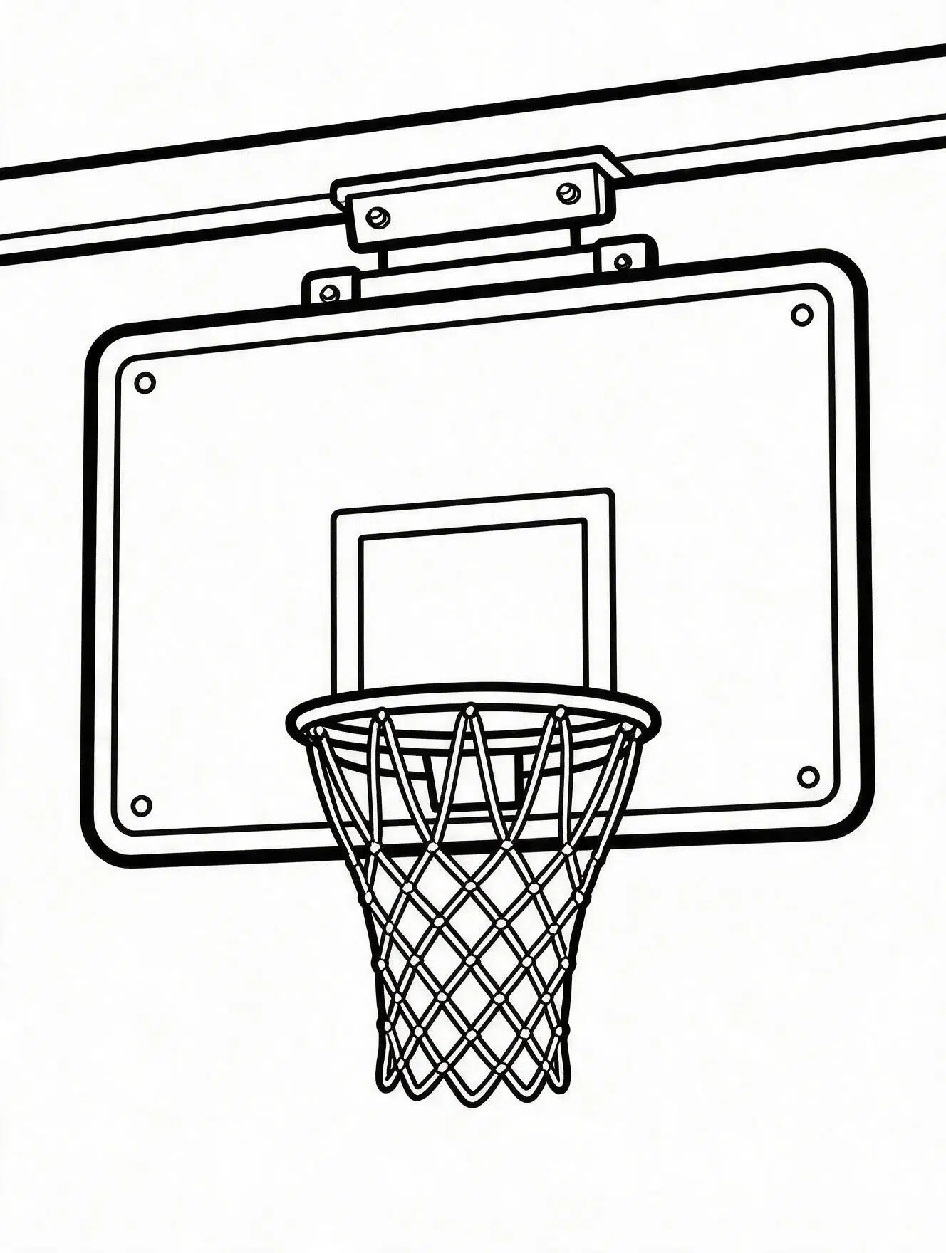 Basketball hoop coloring page showing rim, net loops and backboard close up