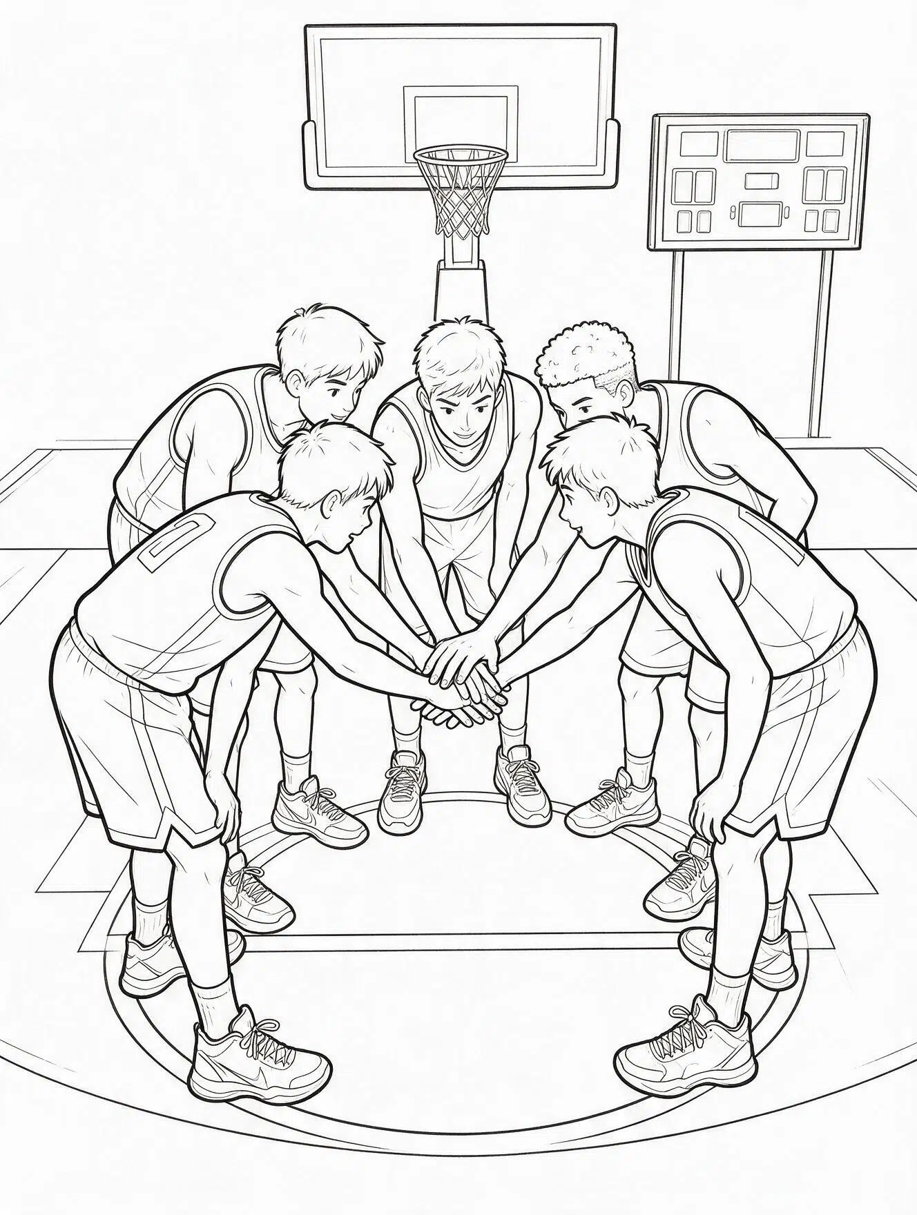 Basketball team huddle coloring page with five players stacking hands