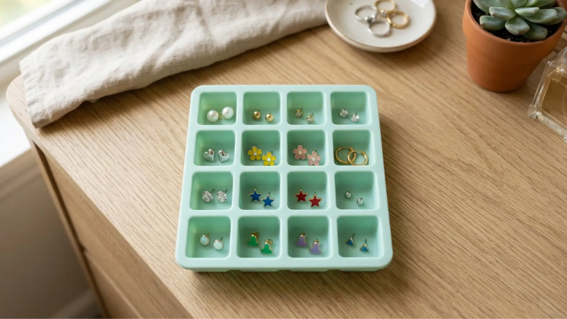 ice cube tray reused as earring organizer with stud pairs sorted into each compartment on a table