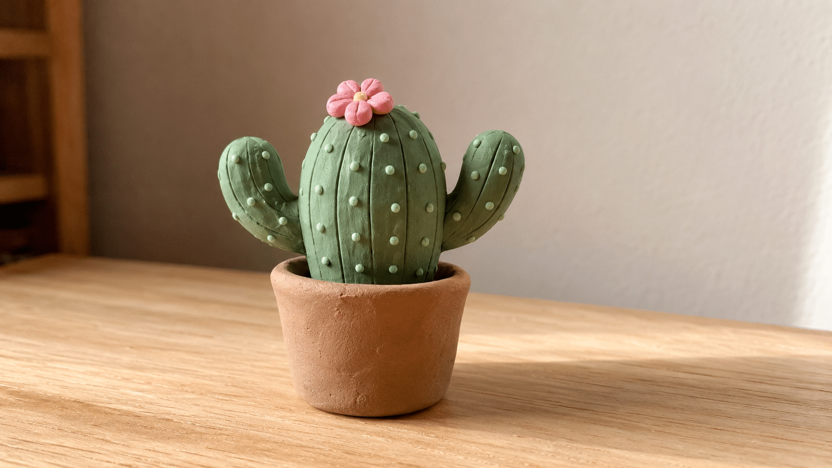 miniature green clay cactus planted in a brown pot