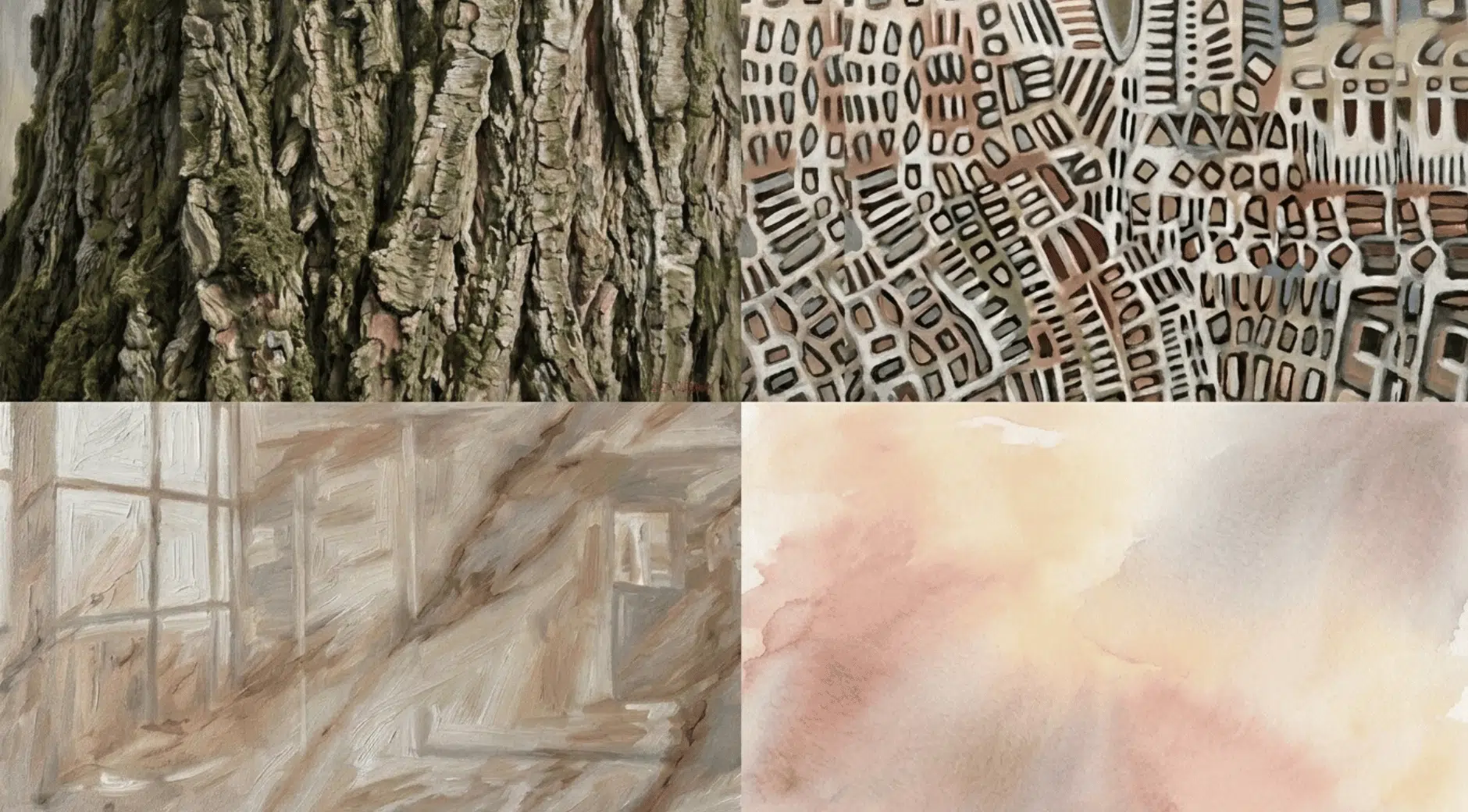 a four panel collage showing simulated, abstract, smooth, and soft visual texture examples in art