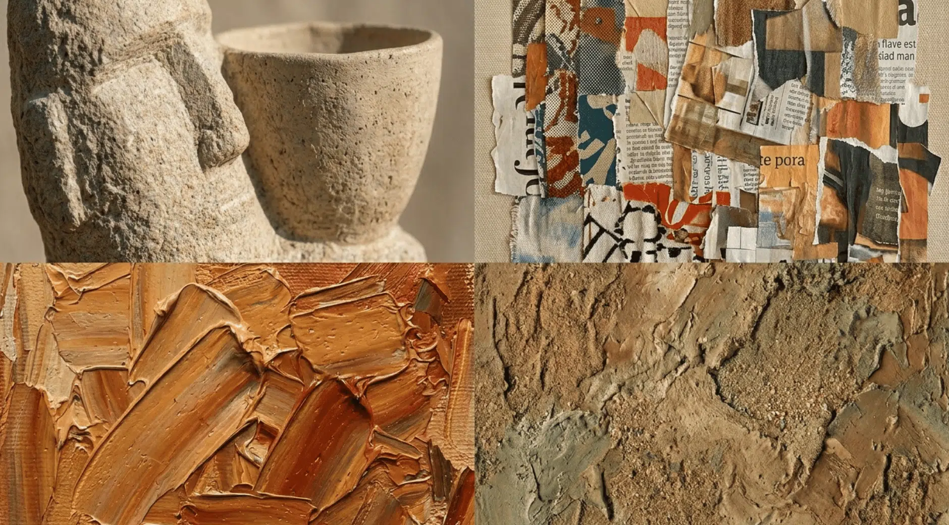 a four panel collage showing actual texture in sculpture, simulated tactile texture in a collage, impasto paint strokes, and rough gritty earth texture