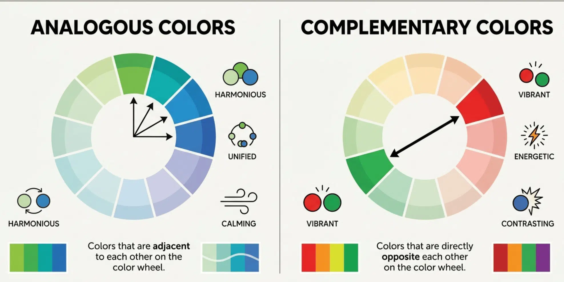 diagram comparing analogous and complementary colors with color wheels and examples of harmony and contrast