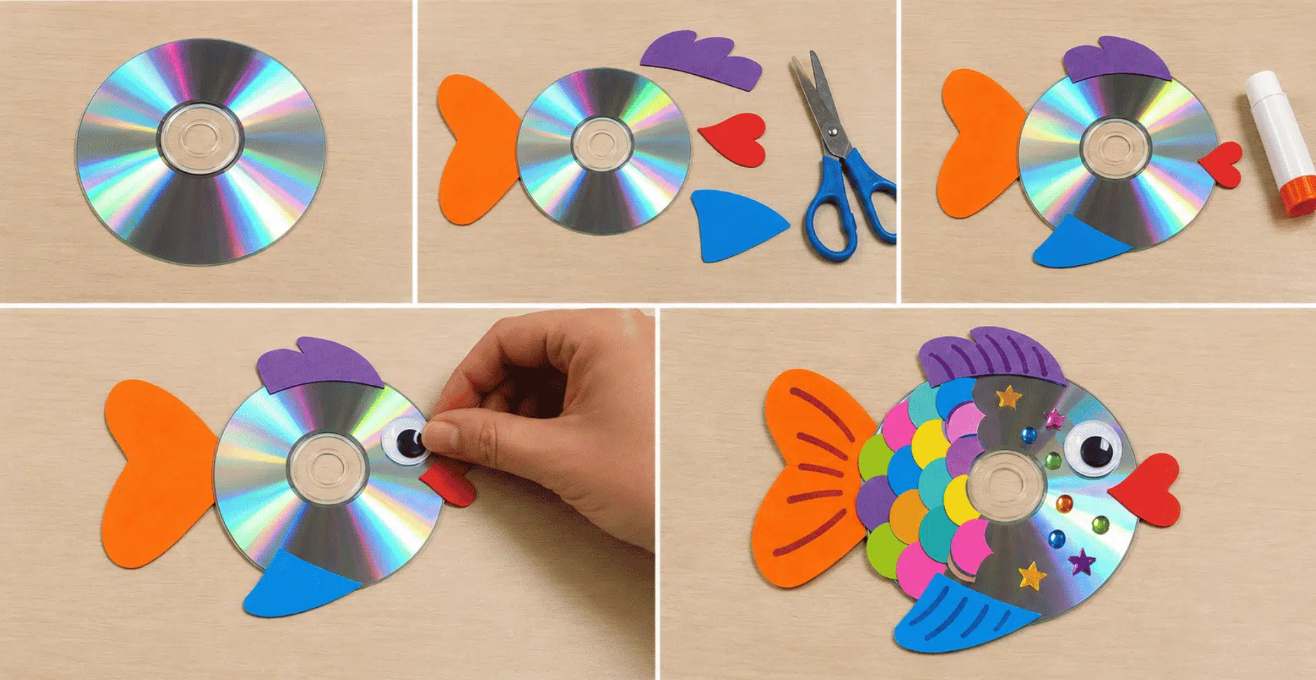 step by step old cd with paper fins, googly eye, and colorful scale decorations