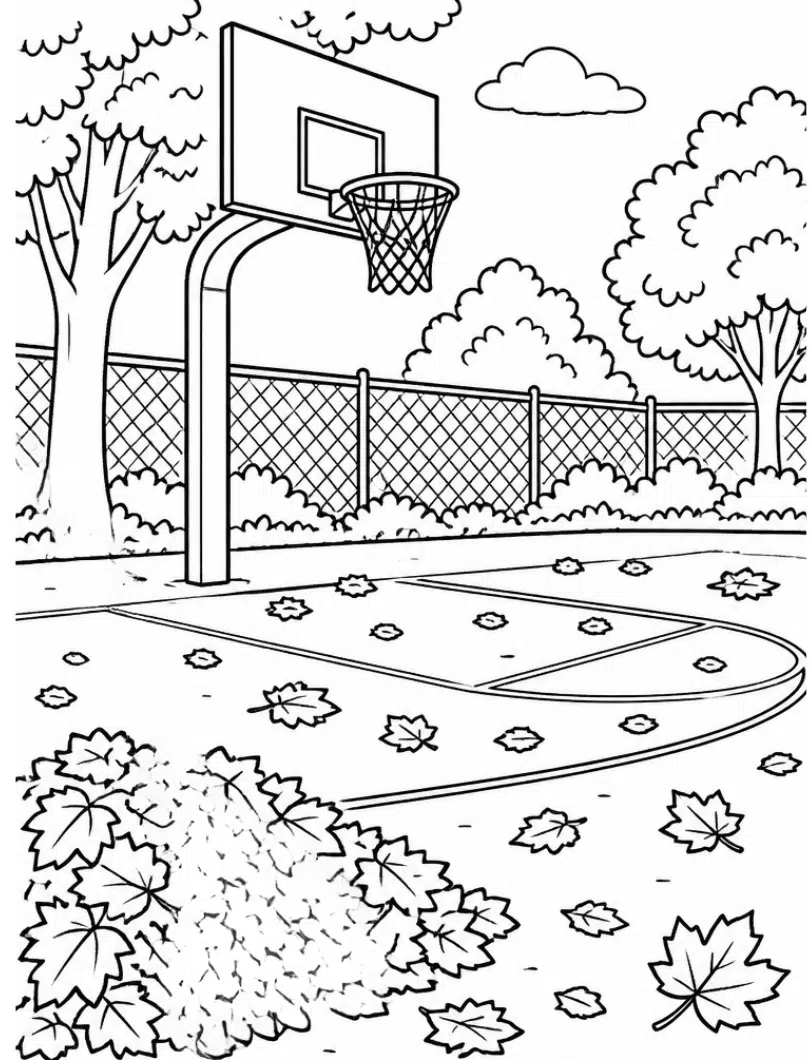 Fall <echighlighted>basketball coloring page</echighlighted> with leaves scattered across an outdoor court