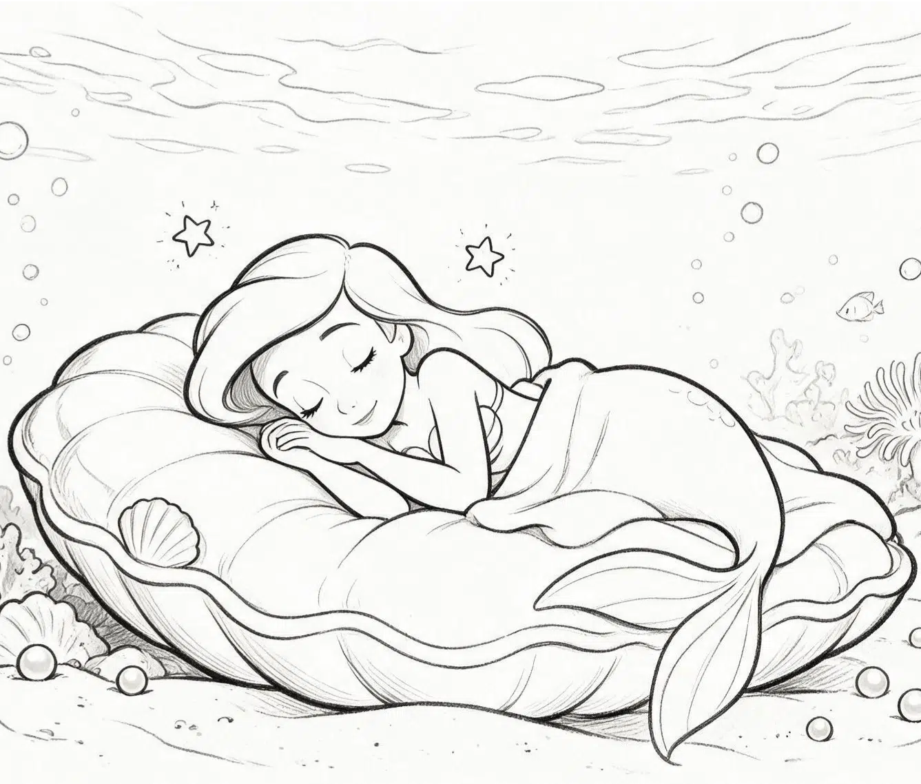 Ariel sleeping peacefully on a large shell cushion.