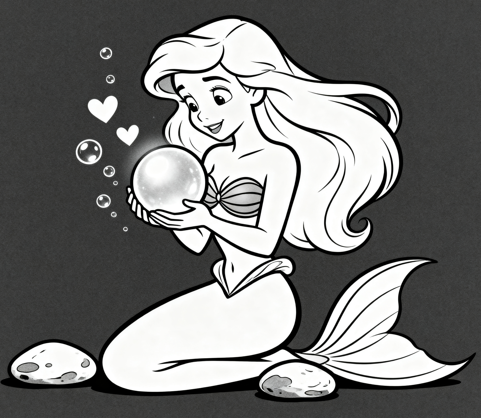 Ariel holding a large pearl with hearts and bubbles.
