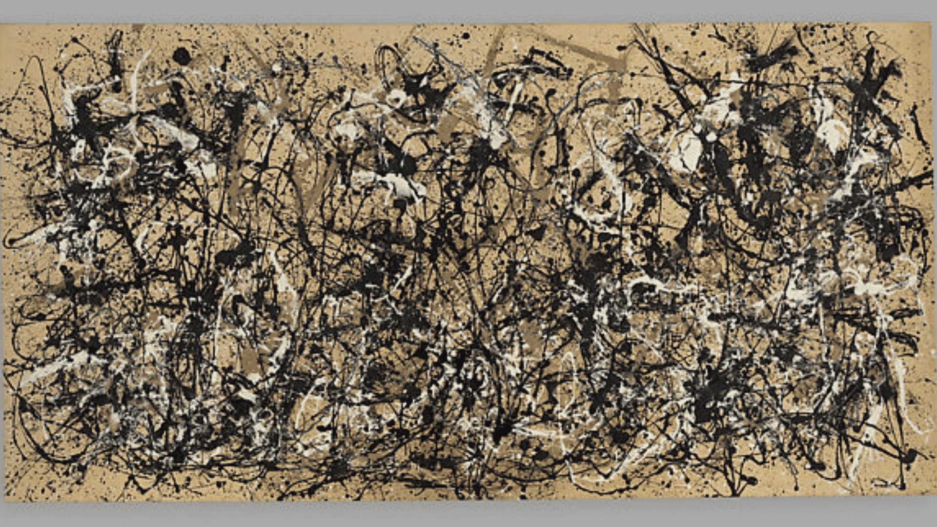 jackson pollock's autumn rhythm: number 30 showing layered black, white, and brown drips across a wide canvas