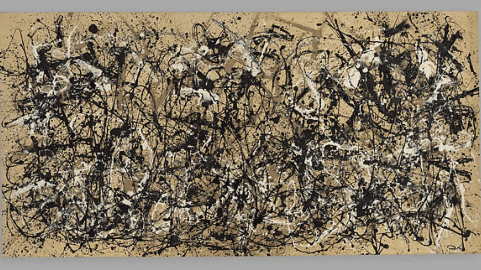 jackson pollock's autumn rhythm: number 30 showing layered black, white, and brown drips across a wide canvas