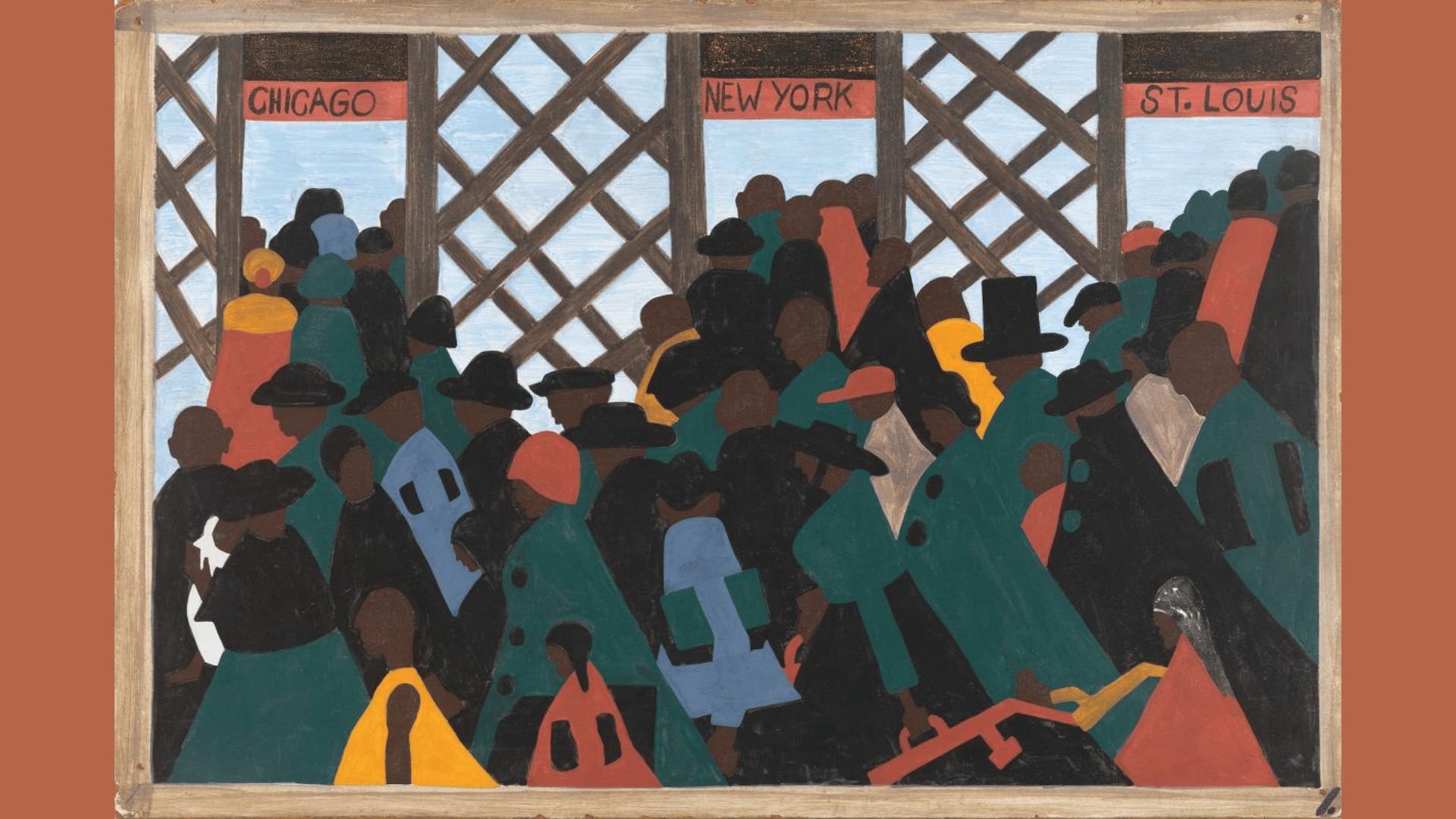 jacob lawrence's migration series panel no 1 showing groups of travelers moving toward station ticket windows