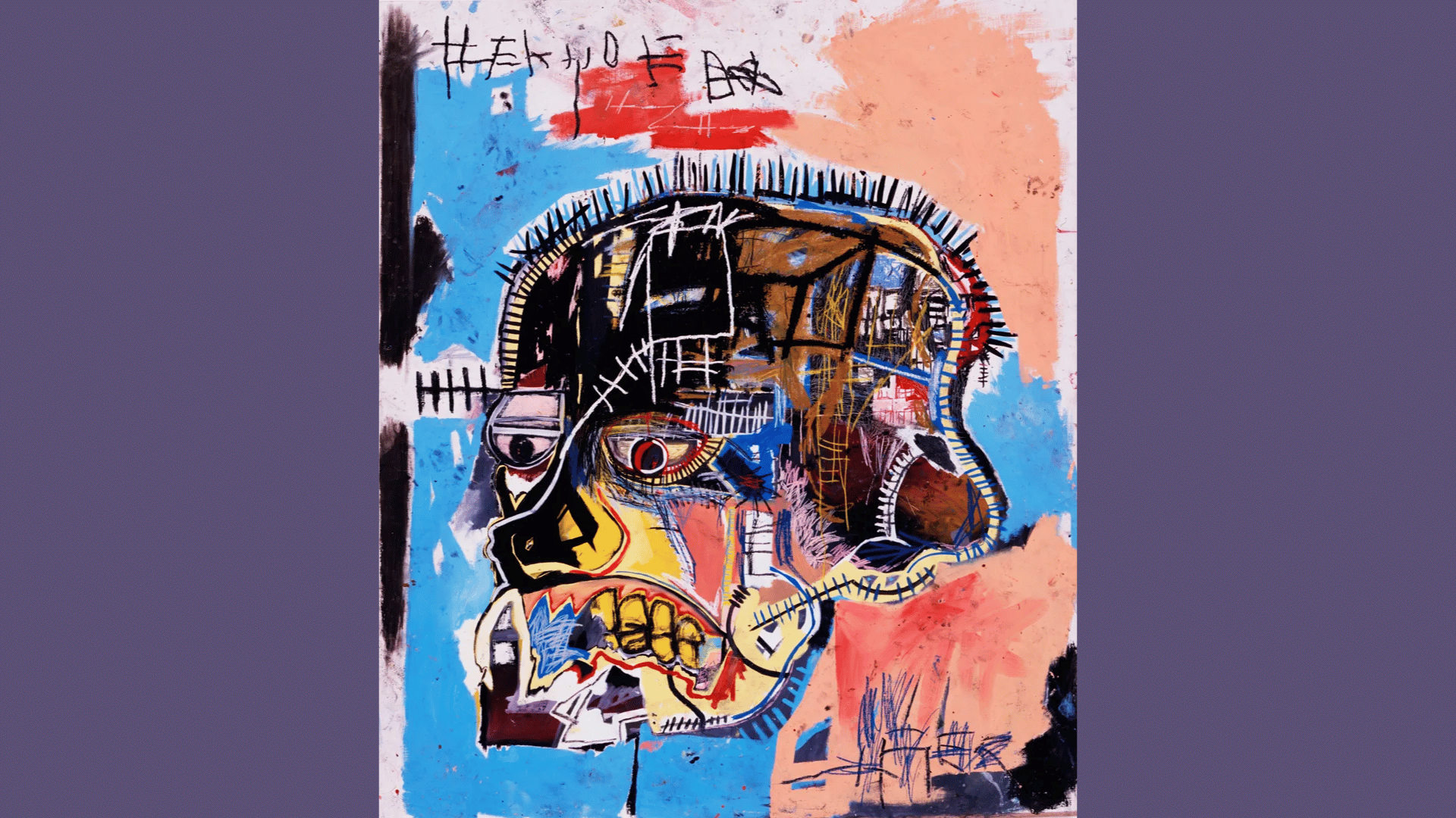 jean-michel basquiat's untitled showing a skull-like head with exposed teeth, sunken eyes, and scratched lines