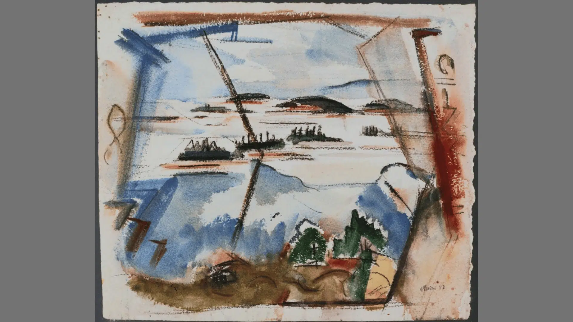 john marin’s marin island, maine watercolor with angular blue, red, and green coastal forms