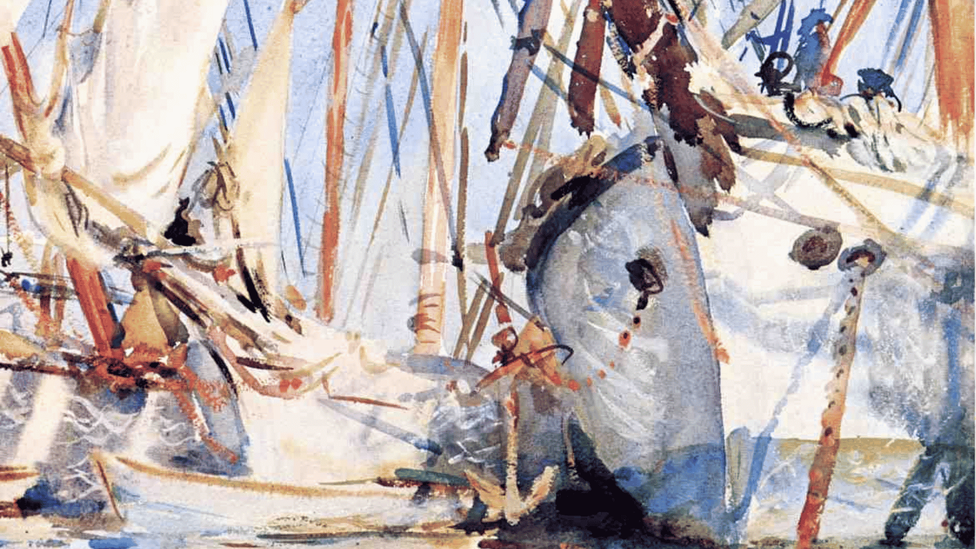 john singer sargent’s white ships watercolor showing bright sailboats, masts, and reflections on sunlit water