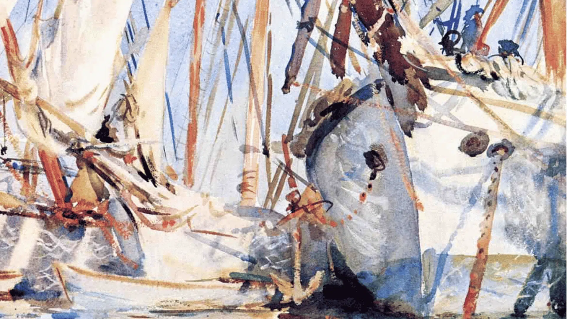 john singer sargent’s white ships watercolor showing bright sailboats, masts, and reflections on sunlit water