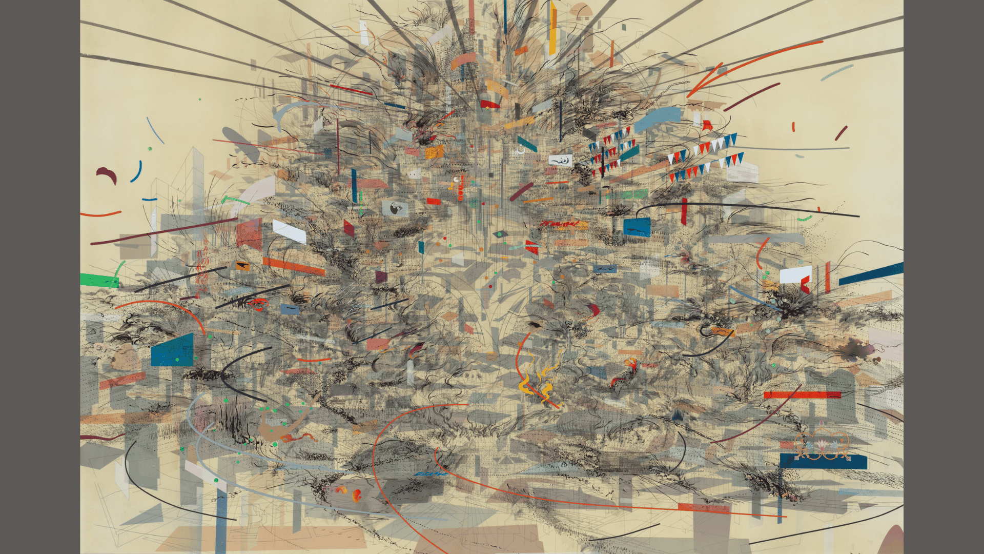 julie mehretu's empirical construction istanbul showing layered city lines, flags, arcs, and the hagia sophia