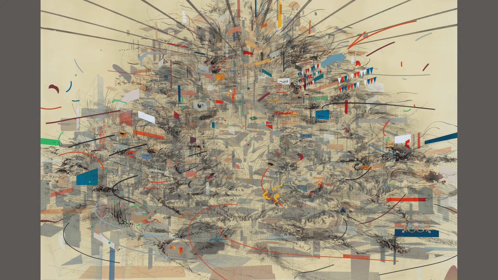 julie mehretu's empirical construction istanbul showing layered city lines, flags, arcs, and the hagia sophia