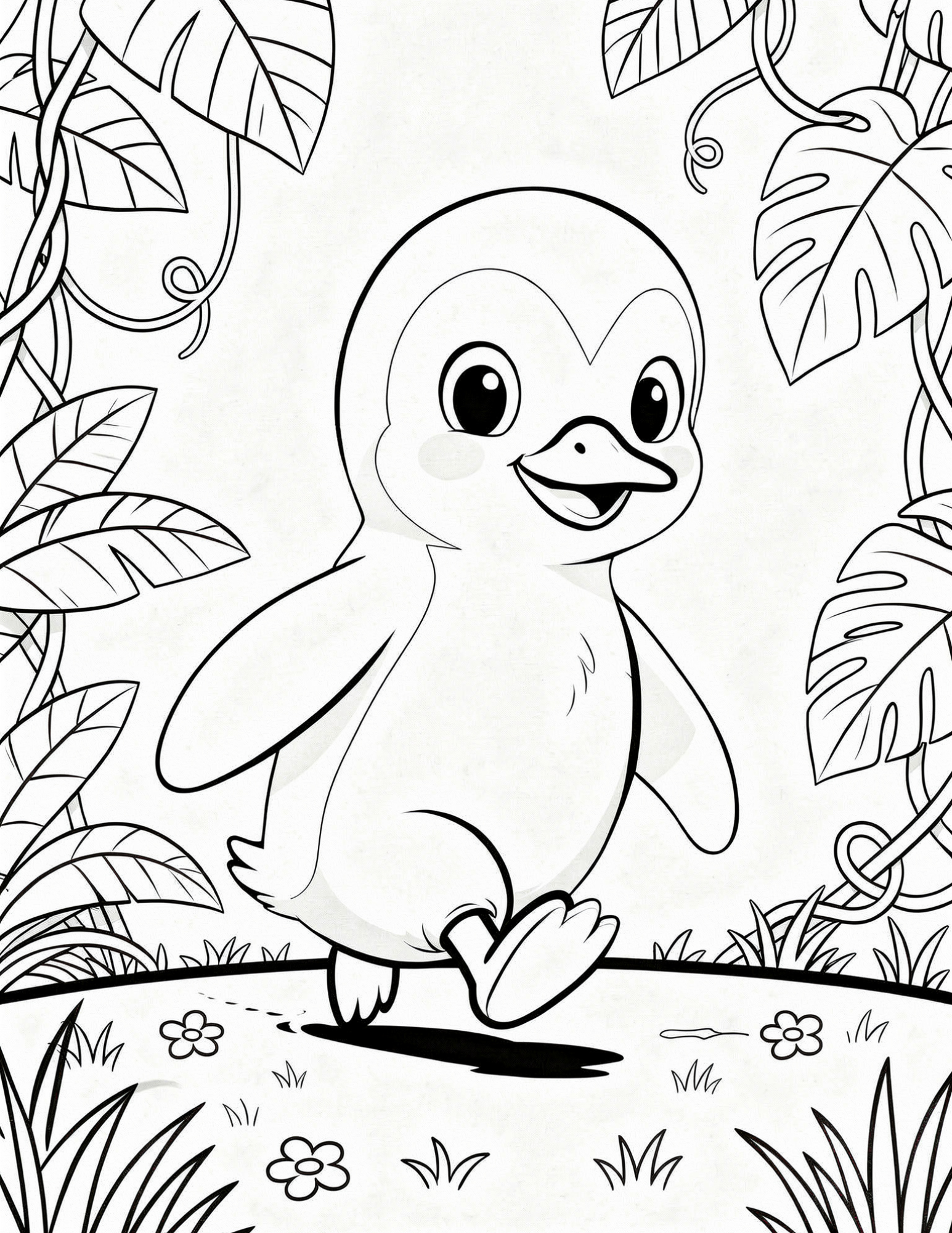 penguin jungle explorer walking through plants coloring page outline