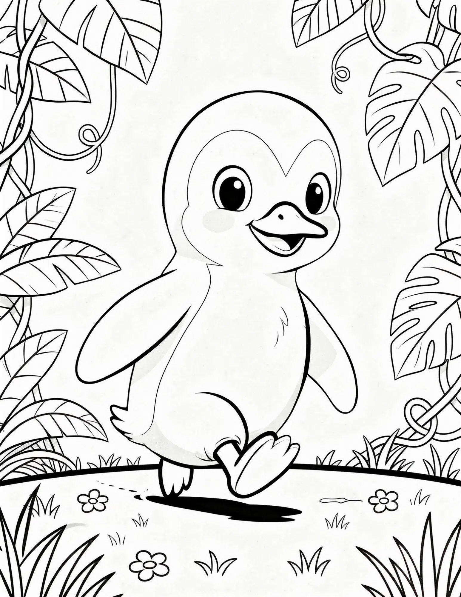 penguin jungle explorer walking through plants coloring page outline
