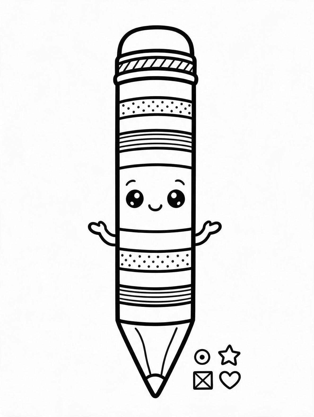 Kawaii pencil with a smiling face and simple geometric shapes on a printable school coloring page.