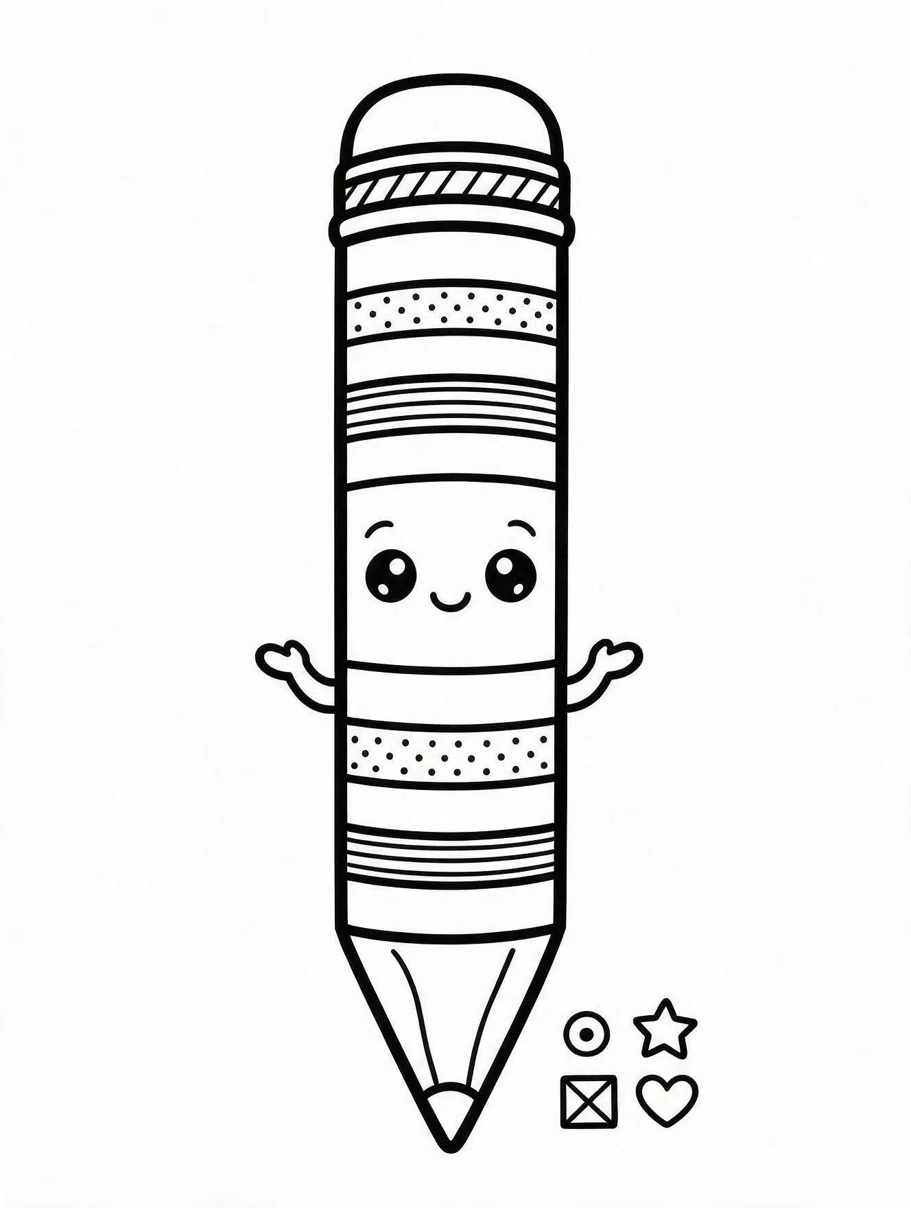 Kawaii pencil with a smiling face and simple geometric shapes on a printable school coloring page.