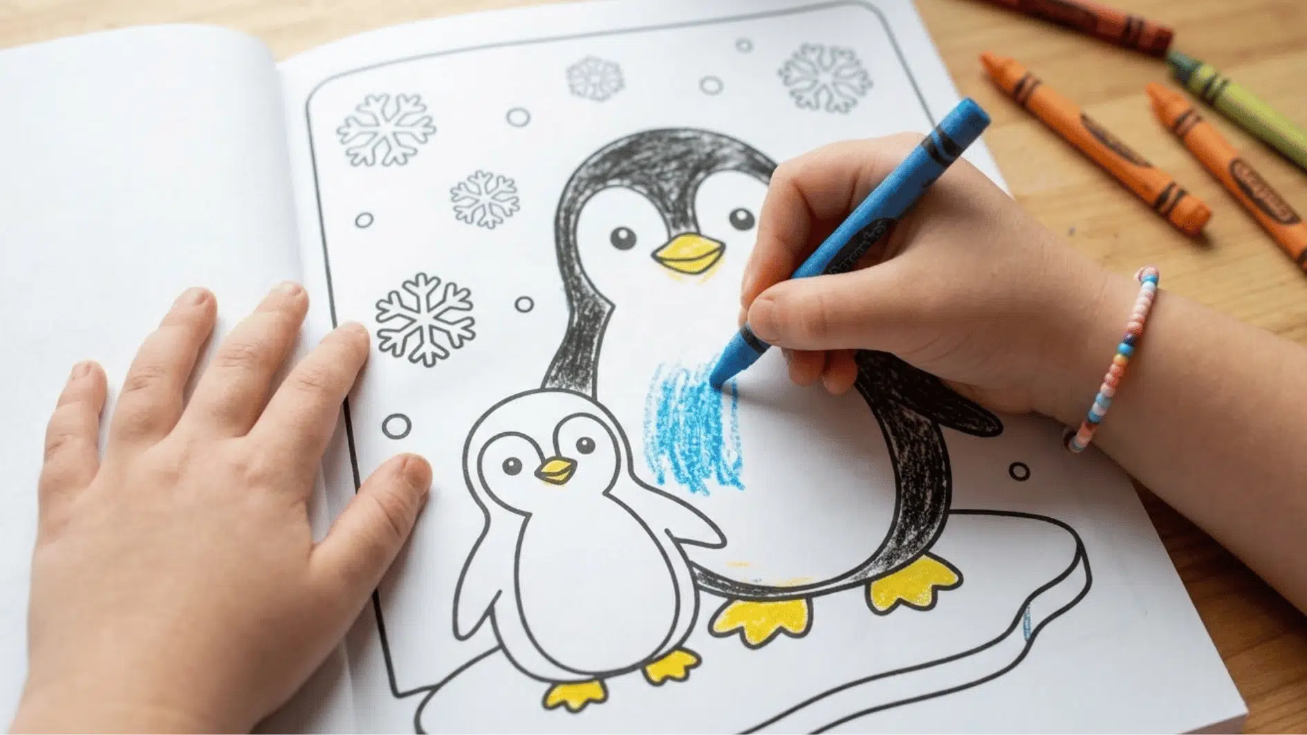 a kid coloring penguin coloring page featuring mother penguin and baby penguin