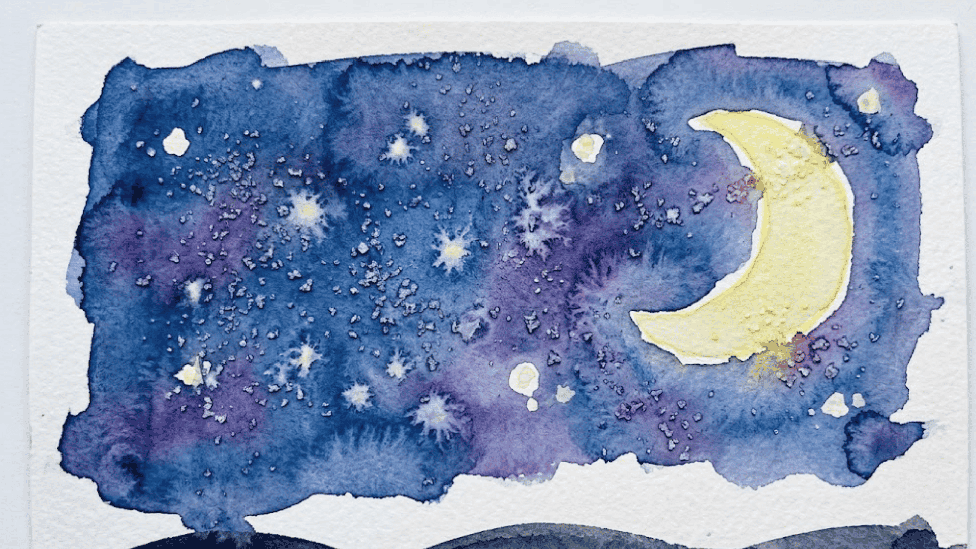 kids' salt watercolor painting of a blue and purple night sky with stars and a yellow crescent moon