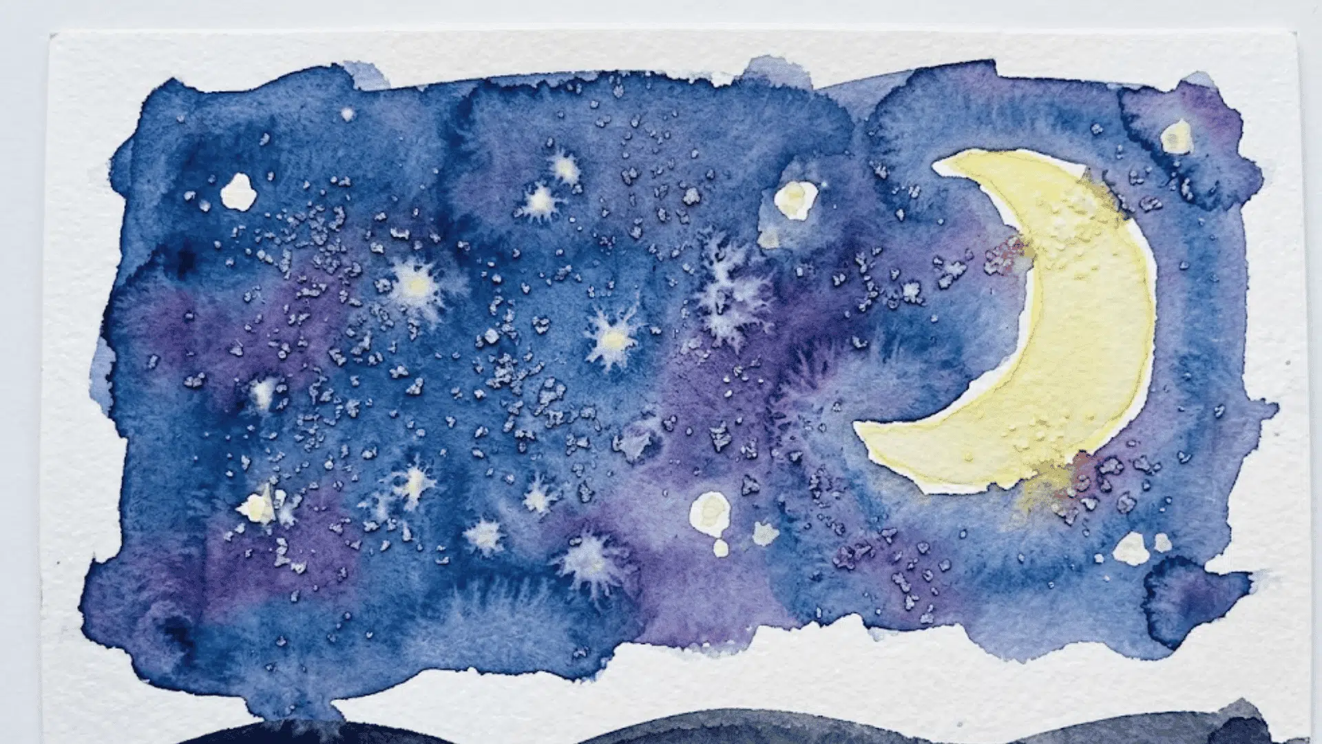 kids' salt watercolor painting of a blue and purple night sky with stars and a yellow crescent moon
