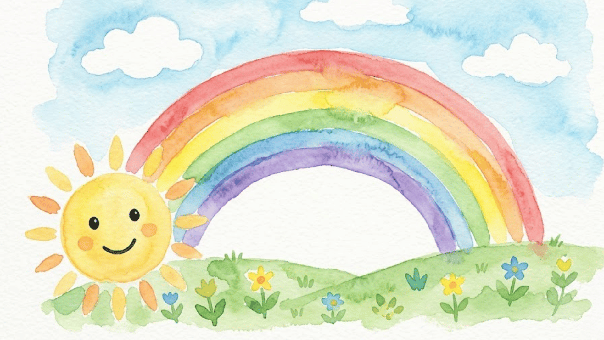 kids' watercolor rainbow with smiling sun, blue sky, clouds, green hills, and colorful spring flowers