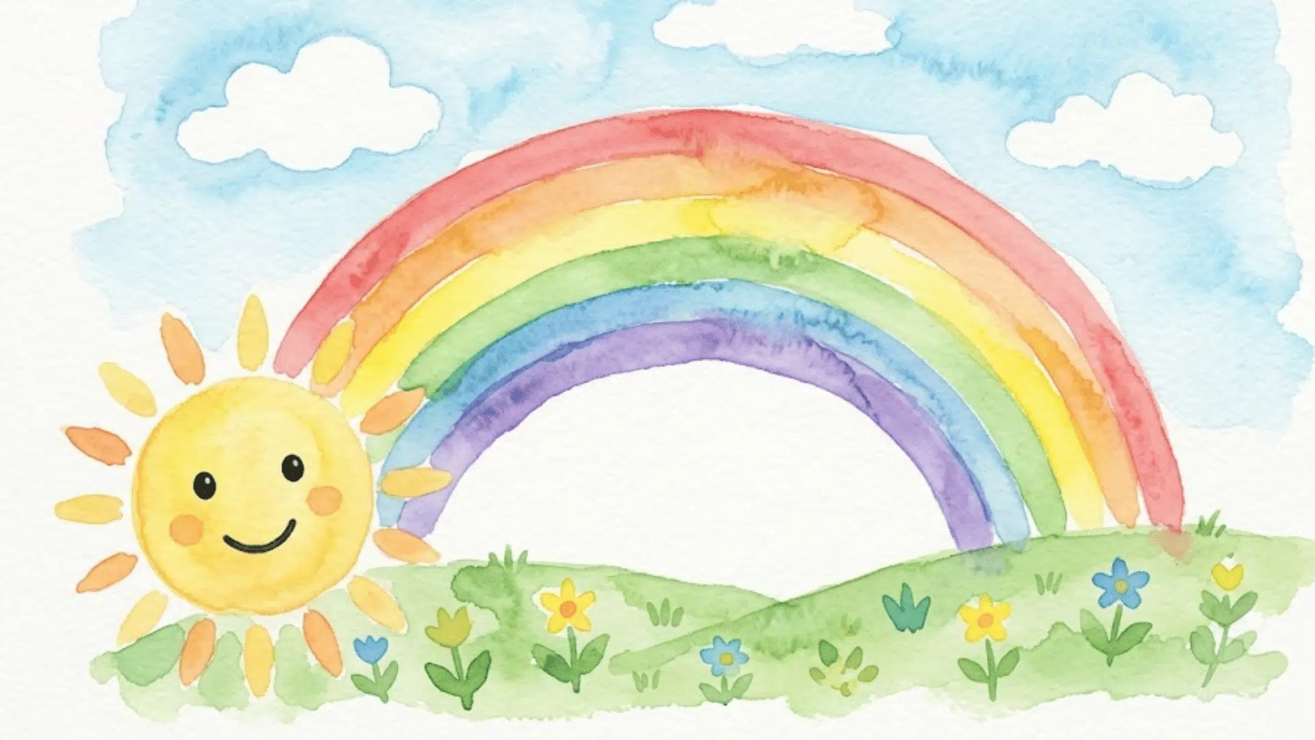 kids' watercolor rainbow with smiling sun, blue sky, clouds, green hills, and colorful spring flowers