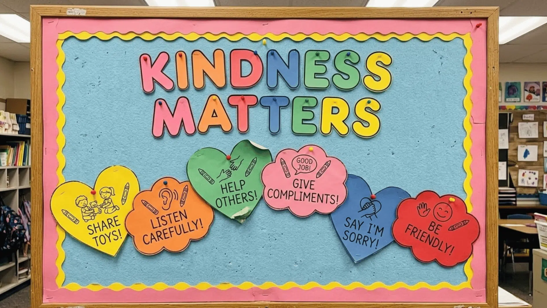 kindness matters bulletin board with colorful reminders to share, listen, help others, give compliments, apologize, and be friendly