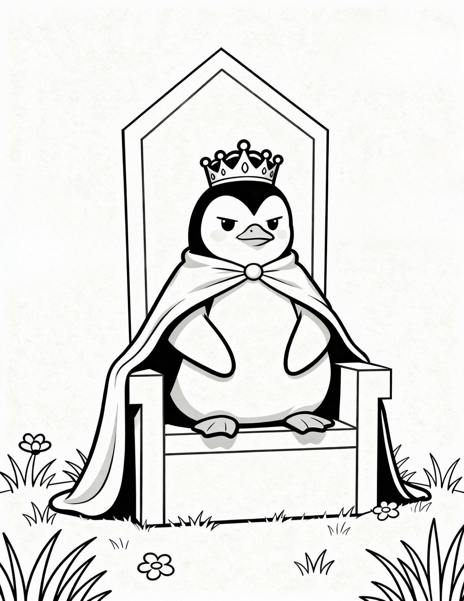 royal king penguin sitting on throne crown coloring page outline