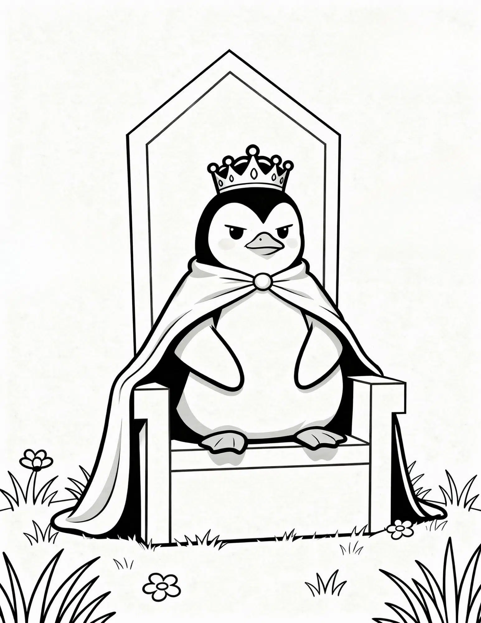 royal king penguin sitting on throne crown coloring page outline